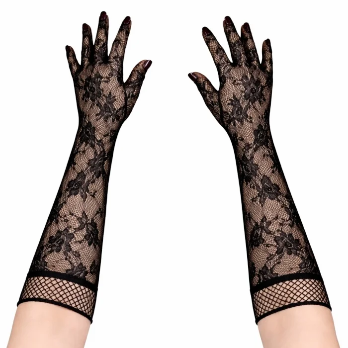 Siyah Uzun Gül Desenli Dantel Kadın Eldiveni