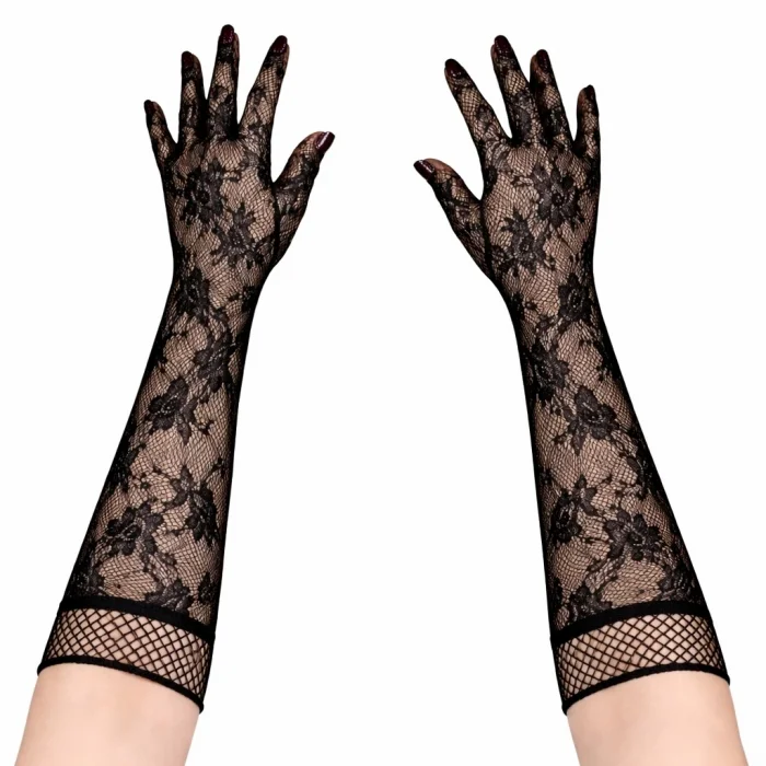 Siyah Uzun Gül Desenli Dantel Kadın Eldiveni