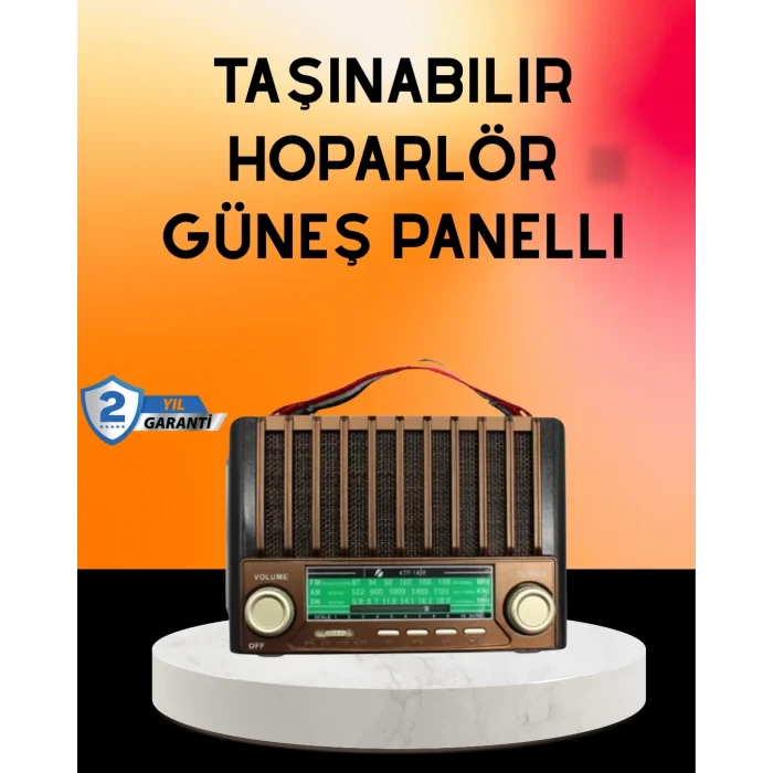 Solar Şarjlı Taşınabilir Radyo Bluetooth Hoparlör USB SD Destekli