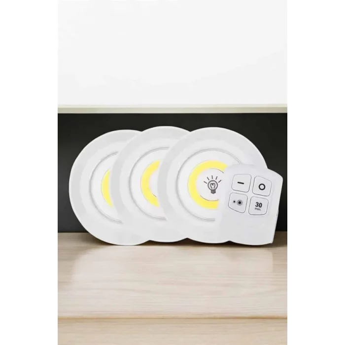 Spot Lamba Led Işık 3lü Uzaktan Kumandalı Pilli Yapışkanlı Kablosuz