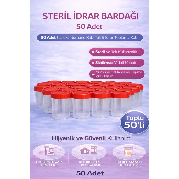 Steril İdrar Kabı Kapasiteli Numune Toplama Kabı 50 Adet