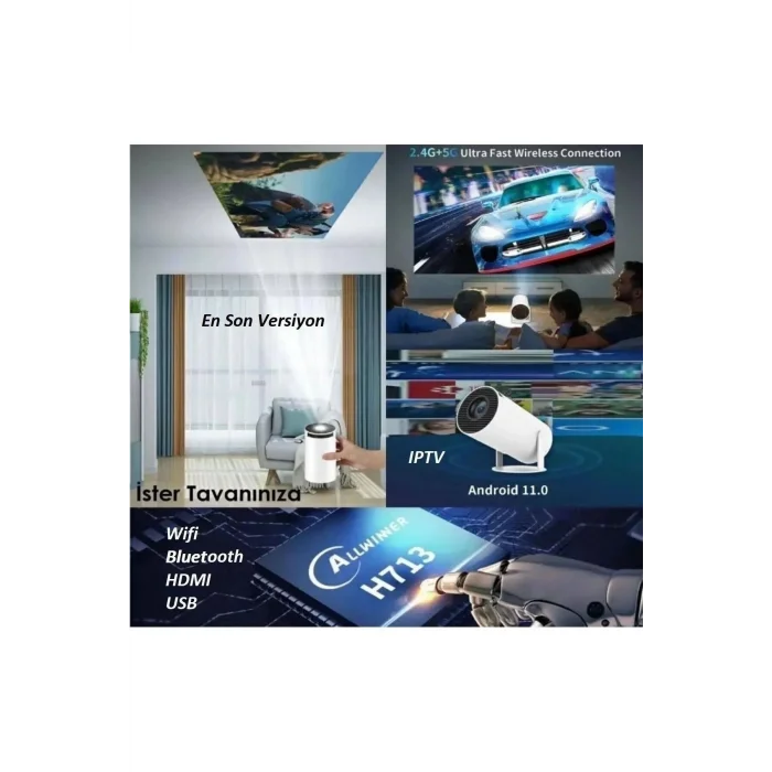 Taşınabilir Sinema Projektörü Pro Telefon Destekli Android 11 Akıllı Projeksiyon