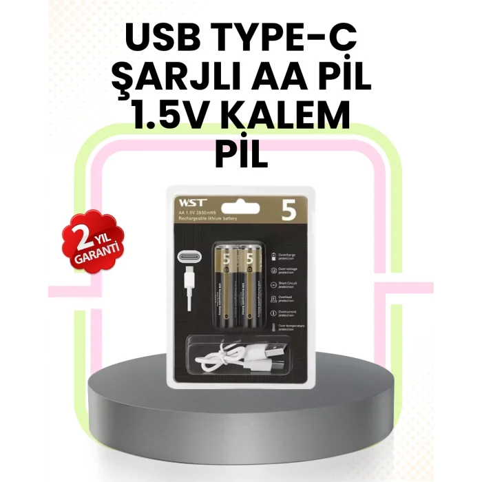 Tekrar Şarj Edilebilir AA USB Type-C Pil | 1000+ Döngü | 1.5V Sabit Voltaj
