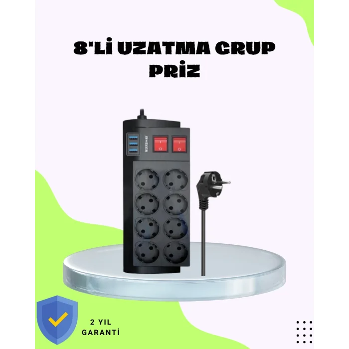 Termal Korumalı 8 Prizli 3 USB’li Uzatma Kablosu