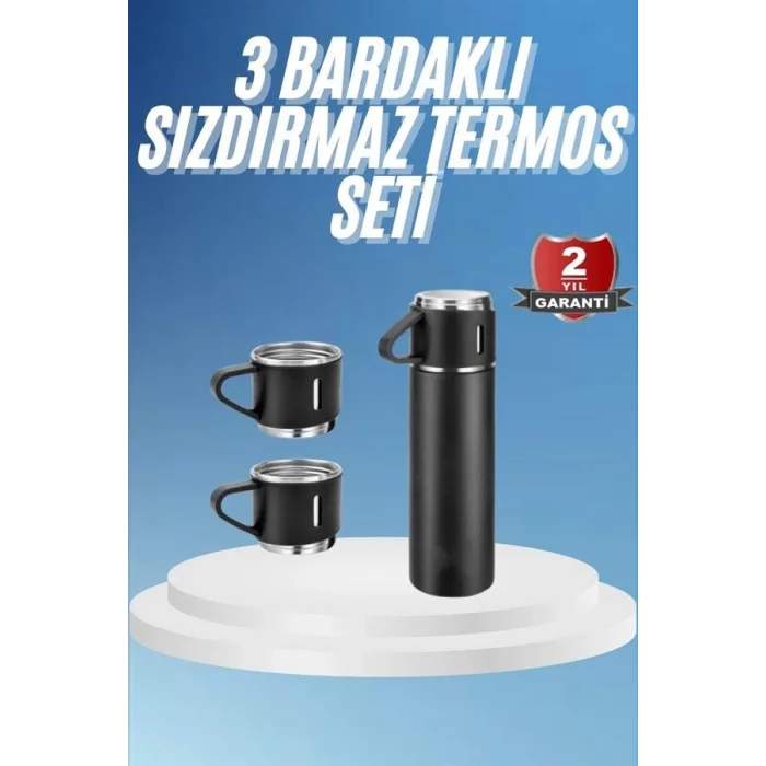 Termos Paslanmaz Çelik Termos Siyah Renk 3 Bardaklı Termos Seti