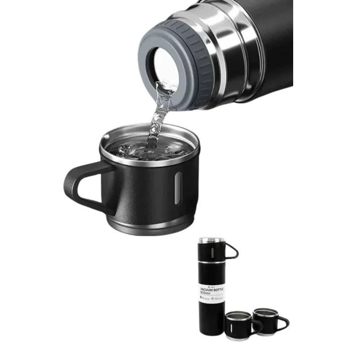 Termos Paslanmaz Çelik Termos Siyah Renk 3 Bardaklı Termos Seti