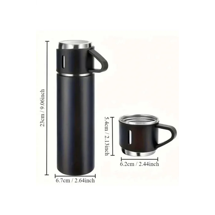 Termos Seti 3lü Bardak Seti Isı Dayanıklı Siyah Paslanmaz Çelik Vakumlu