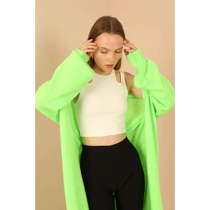 Triko Kumaş Şal Yaka Uzun Kadın Hırka-Neon Yeşil