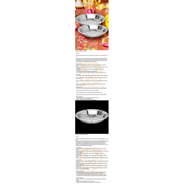 Turk Çocuk Tabağı Güvenli Kenarlı Çelik 2 Adet 21 cm