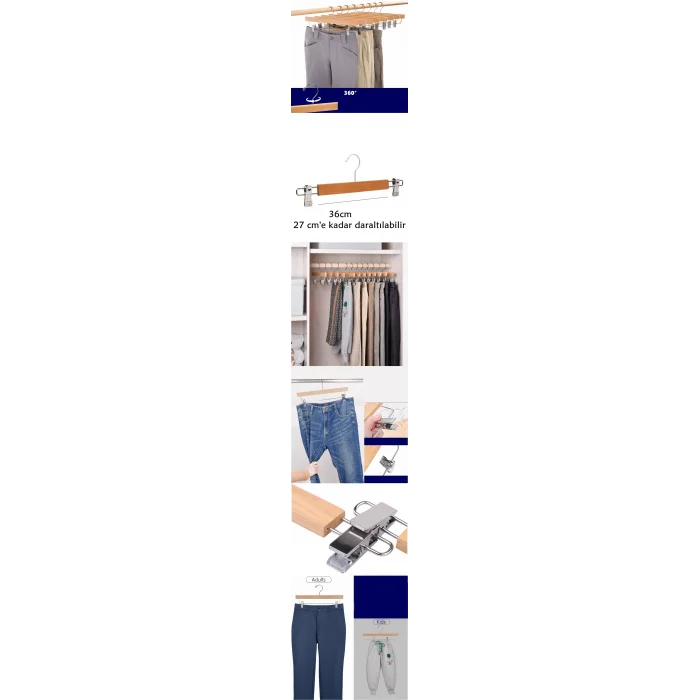 Turk Etek Pantolon Eşarp Kıskaçlı Askı 8 Adet Ahşap