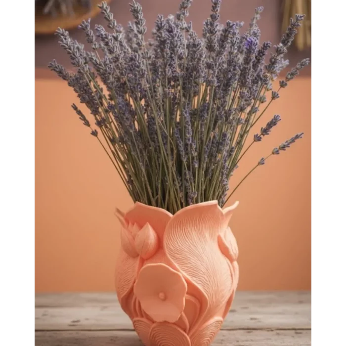 Turuncu Çiçek Desenli 3D Dekoratif Vazo Modern Masaüstü Aksesuar