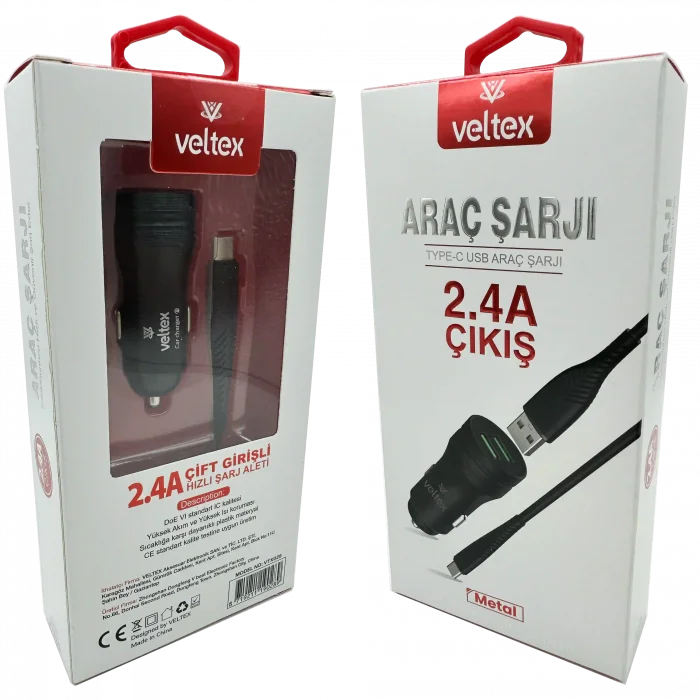 TYPE-C Metal Araç Şarj Seti + Kablo Veltex Vtx-028