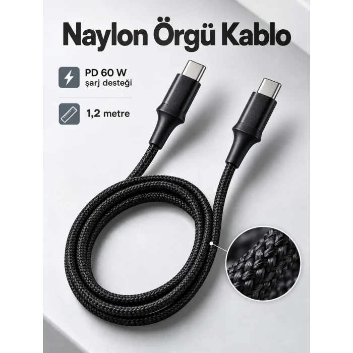 Type C to Type C LED Işıklı Şarj Kablosu 1,2 Metre