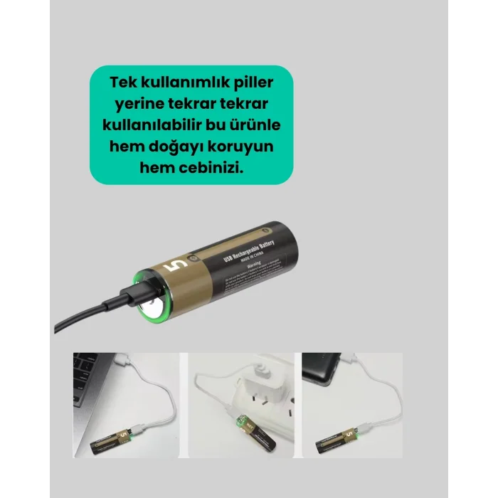 Type-C USB ile Hızlı Şarj Edilebilir AA Kalem Pil | 1.5V Lityum | Çiftli Paket