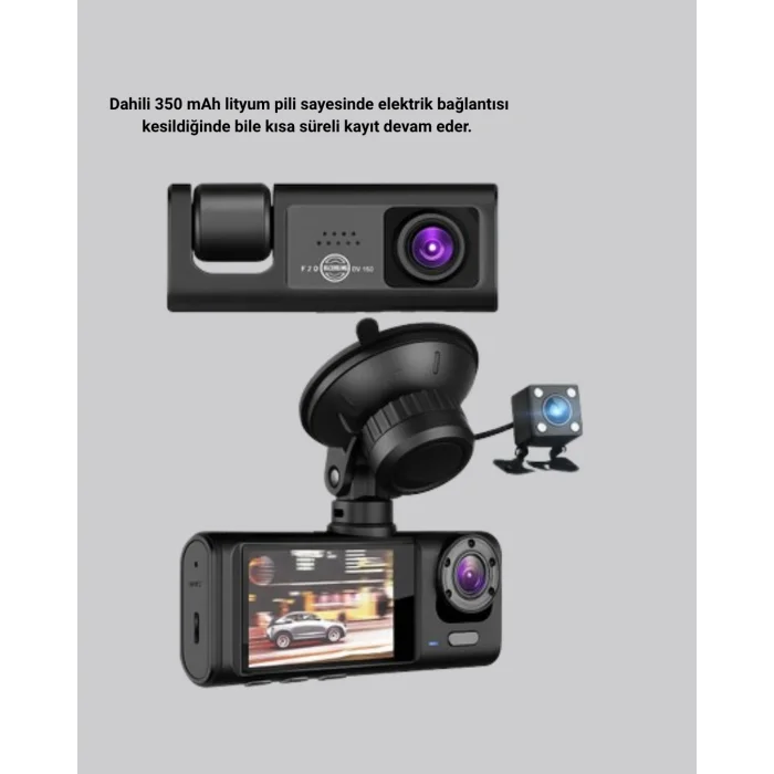 Üç Kameralı Araç DVR Full HD Gece Görüşlü ve 2 inç IPS Ekranlı