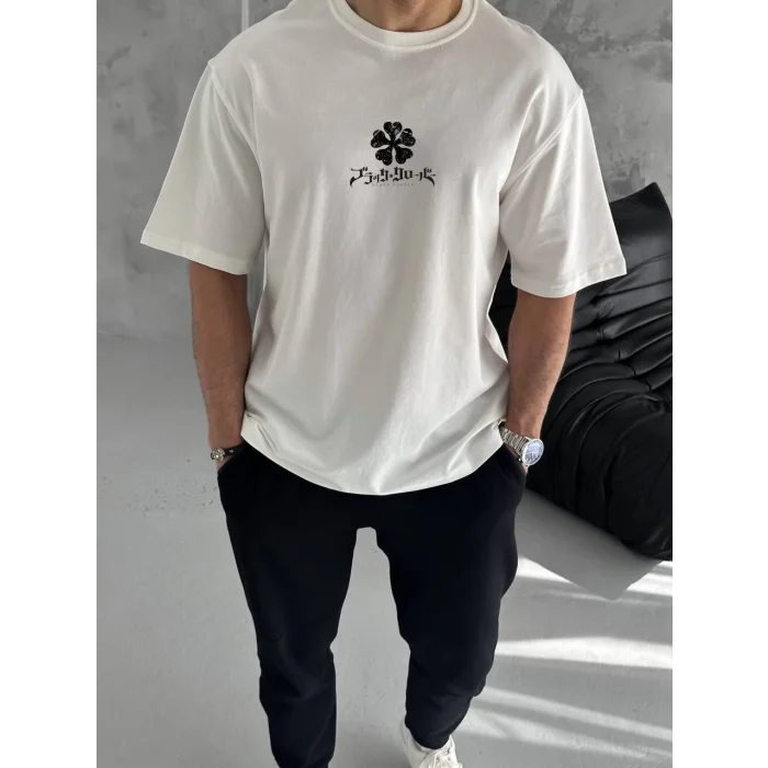 ERKEK Bisiklet Yaka Baskılı Oversize T-Shirt - Beyaz