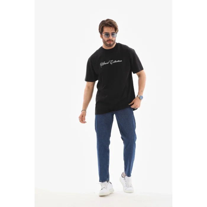 Erkek Kısa Kol Yazlık Tişört Bisiklet Yaka Baskılı Oversize T-Shirt - Siyah