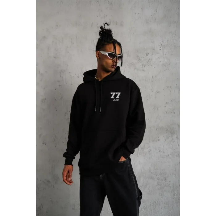 ERKEK Kapşonlu Baskılı Sweetshirt - Siyah