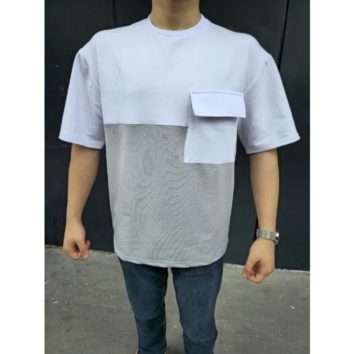 Unisex Torba Cep Detaylı Parçalı T-Shirt - Gri