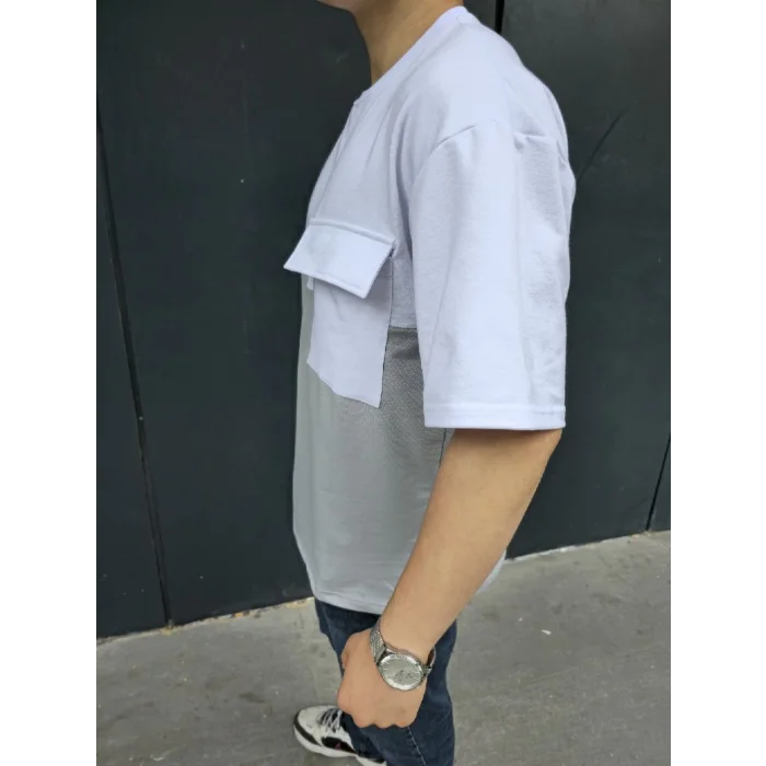 Unisex Torba Cep Detaylı Parçalı T-Shirt - Gri