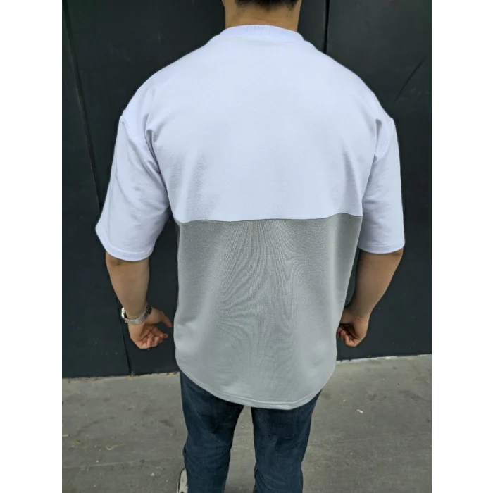 Unisex Torba Cep Detaylı Parçalı T-Shirt - Gri