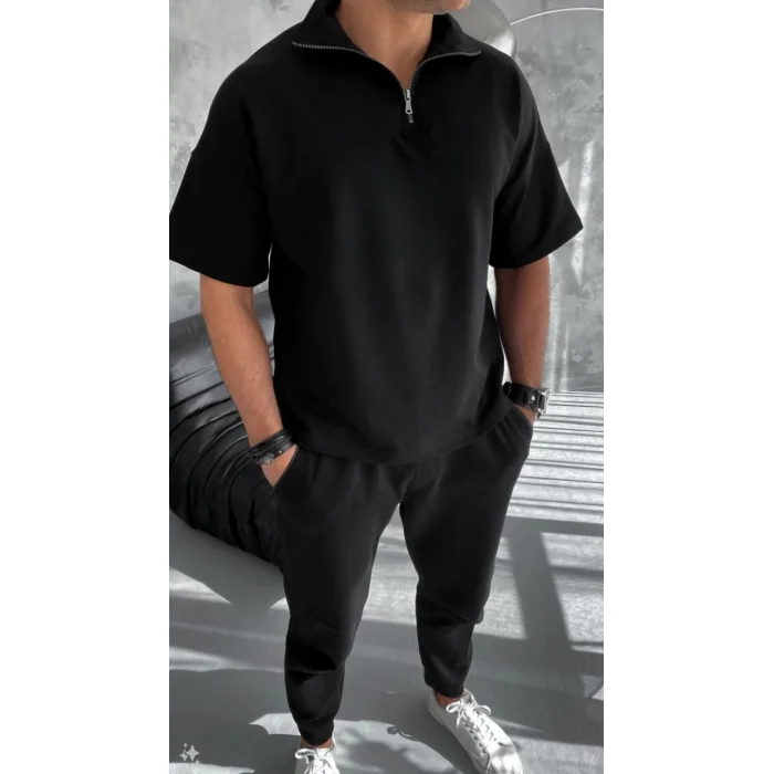 Unisex Yarım Fermuarlı Basic T-Shirt - Siyah