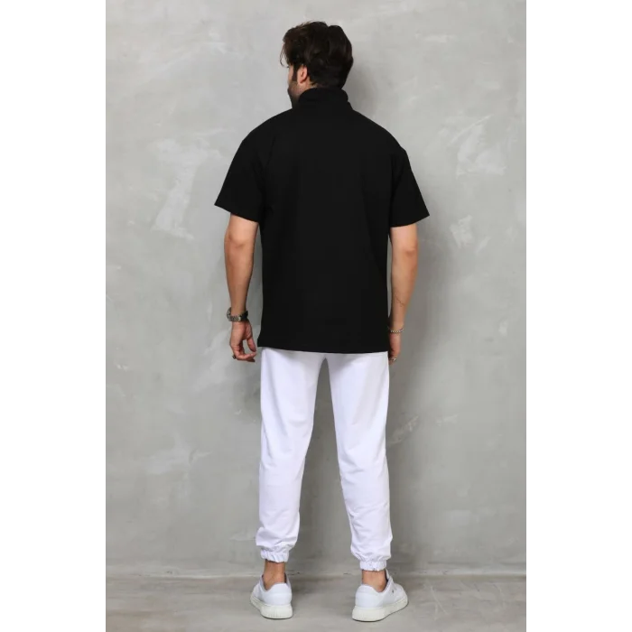 Unisex Yarım Fermuarlı Düz Oversize T-shirt - Siyah