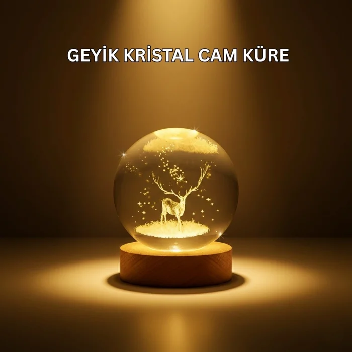 USB Bağlantılı Geyik Temalı Kristal Küre Premium Masa Gece Lambası