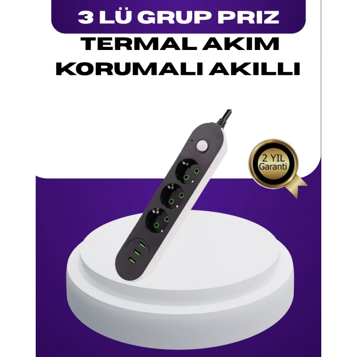 USB Yuvalı Anahtarlı Üçlü Priz 2 Metre Kablolu