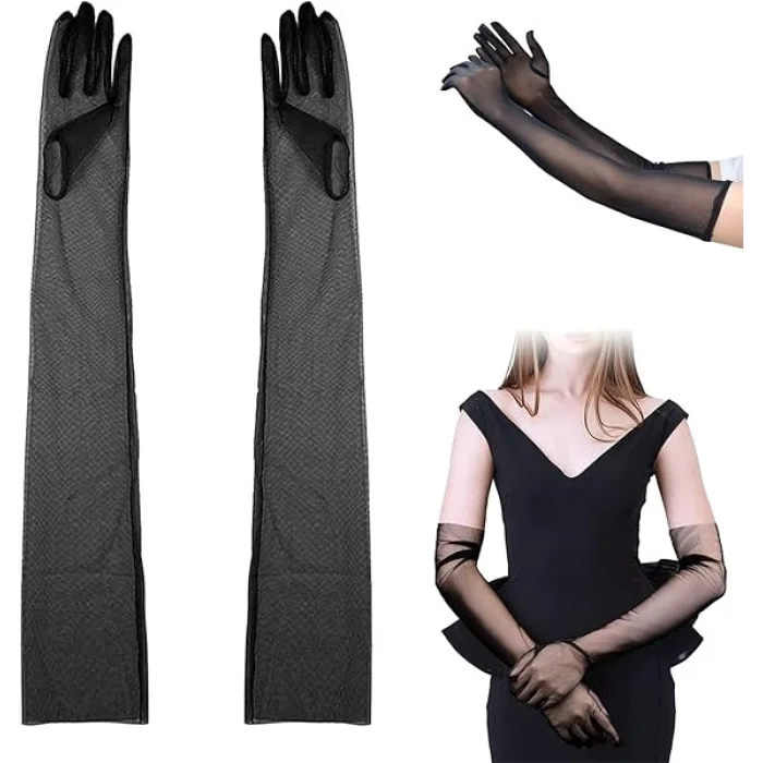 Uzun Boy Likralı Siyah Renk Yetişkin Mega Tül Eldiven 53 cm