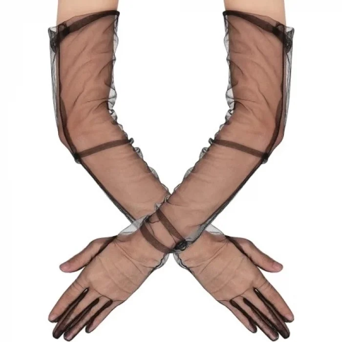 Uzun Boy Likralı Siyah Yetişkin Mega Tül Eldiven