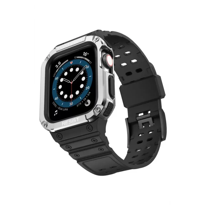 Apple Watch 42mm Uyumlu KR401 Silikon Kordon - Siyah-Gümüş