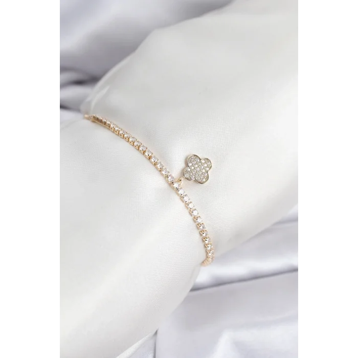 Yonca Model Zirkon Taşlı Gold Renk Asansörlü Su Yolu Bileklik