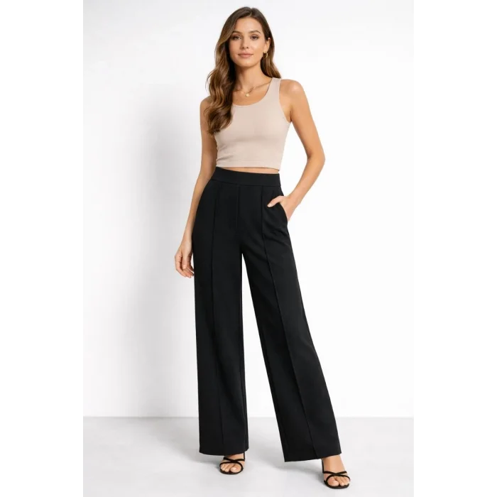 Yüksek Bel Palazzo Pantolon Çima Dikişli Bol Paça Akıcı Kumaş Günlük ve Ofis Şıklığı Kadın - Siyah
