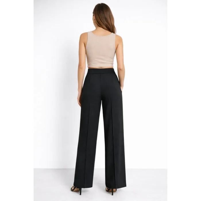 Yüksek Bel Palazzo Pantolon Çima Dikişli Bol Paça Akıcı Kumaş Günlük ve Ofis Şıklığı Kadın - Siyah
