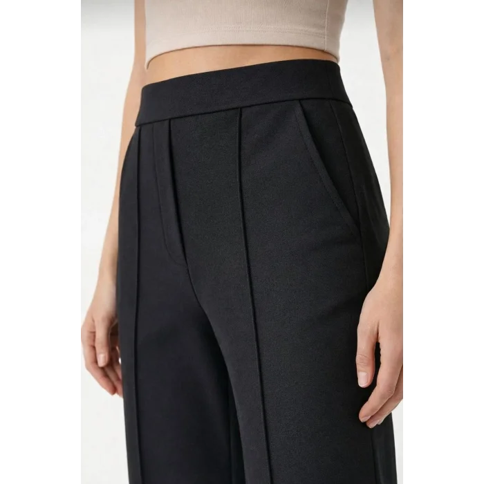 Yüksek Bel Palazzo Pantolon Çima Dikişli Bol Paça Akıcı Kumaş Günlük ve Ofis Şıklığı Kadın - Siyah