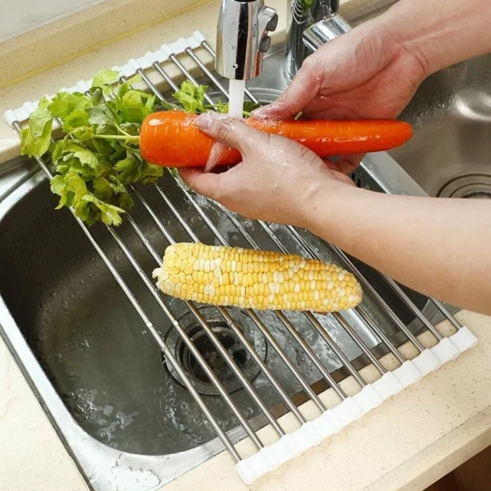 Yumurcak Shop® Evye Üstü Katlanır Nihale Paslanmaz Çelik Pratik Sebze Meyve Bulaşık Kurutma Süzgeci