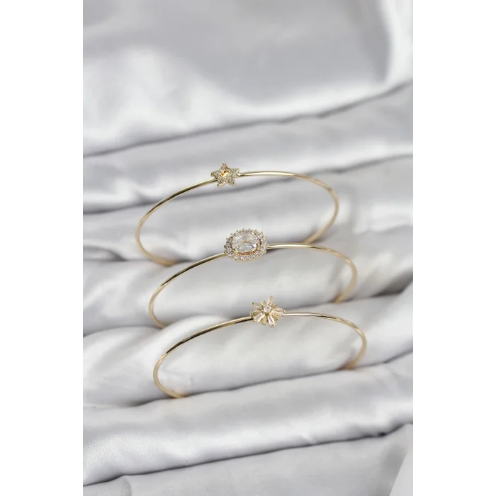 Zirkon Taşlı Gold Renk Tek Taş Model 3lü Kadın Bileklik Kombini
