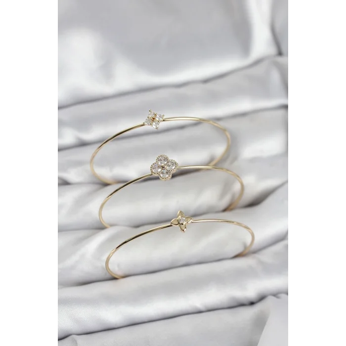 Zirkon Taşlı Gold Renk Yonca Tasarım 3lü Kadın Bileklik Kombini
