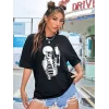 Kadın iskelet Baskılı T-Shirt Kısa Kol Bisiklet Yaka Oversize Tişört - Siyah