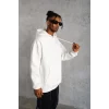 Erkek 3 İplik Pamuklu Kapüşonlu Cepli Düz Oversize Hoodie Sweatshirt - Beyaz