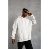 Erkek 3 İplik Pamuklu Kapüşonlu Cepli Düz Oversize Hoodie Sweatshirt - Beyaz