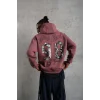 Erkek 3 İplik Pamuklu Kapüşonlu Baskılı Cepli Sweatshirt Hoodie - Gül Kurusu