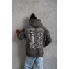 Erkek 3 İplik Pamuklu Kapüşonlu Baskılı Cepli Oversize Sweatshirt Hoodie - Gri
