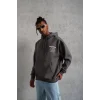 Erkek 3 İplik Pamuklu Kapüşonlu Baskılı Cepli Oversize Sweatshirt Hoodie - Gri