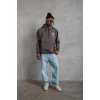 Erkek 3 İplik Pamuklu Kapüşonlu Baskılı Cepli Oversize Sweatshirt Hoodie - Gri