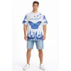 Erkek Asit Yıkamalı Oversize Tişört Mavi Kelebek Baskılı Dijital Print Bisiklet Yaka Streetwear T-Shirt - Beyaz