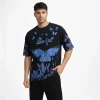 Erkek Asit Yıkamalı Oversize Tişört Mavi Kelebek Baskılı Dijital Print Bisiklet Yaka Streetwear T-Shirt - Siyah