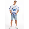 Erkek Asit Yıkamalı Oversize Tişört Mavi Kelebek Baskılı Dijital Print Bisiklet Yaka Streetwear T-Shirt - Beyaz