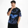 Erkek Asit Yıkamalı Oversize Tişört Mavi Kelebek Baskılı Dijital Print Bisiklet Yaka Streetwear T-Shirt - Siyah